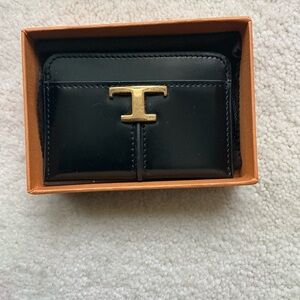 TOD’S T-TIMELESS BLACK LOGO CARD HOLDER CASE IN BOX